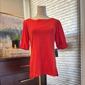 NWT Woman's Karen Scott Red Boatneck Cuffed Sleeve Shirt. Size Small